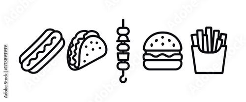 Icon set of hot dog, taco, kebab, burger, and fries in line art style
