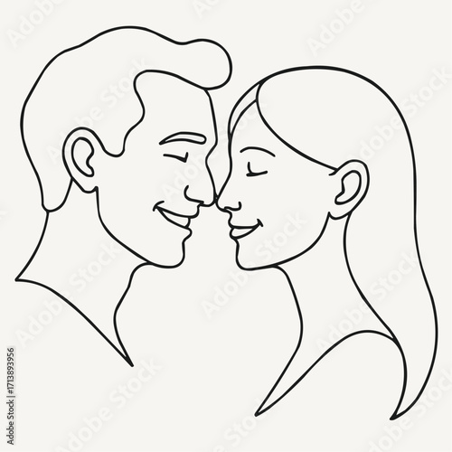 Smiling couple touching foreheads in minimalist line art