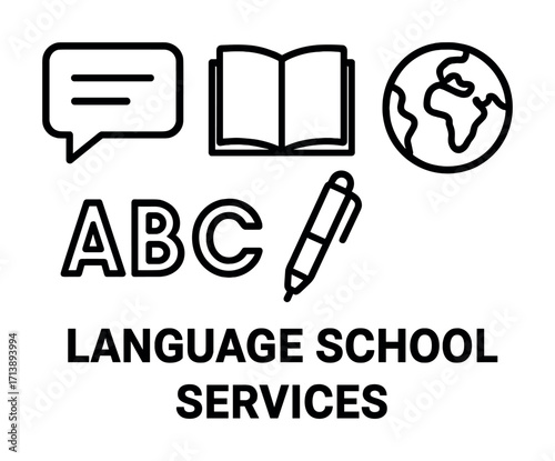 Language school services logo with speech bubble, book, earth, abc, and pen icons