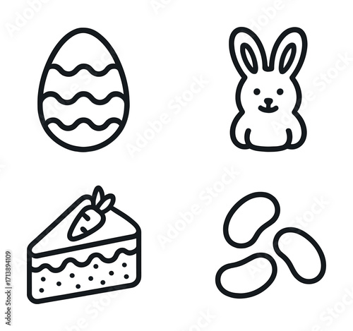 Easter symbols: egg, bunny, cake slice, jelly beans - simple line art icons