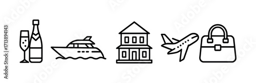 Luxury symbols: champagne, yacht, mansion, airplane, designer bag icons