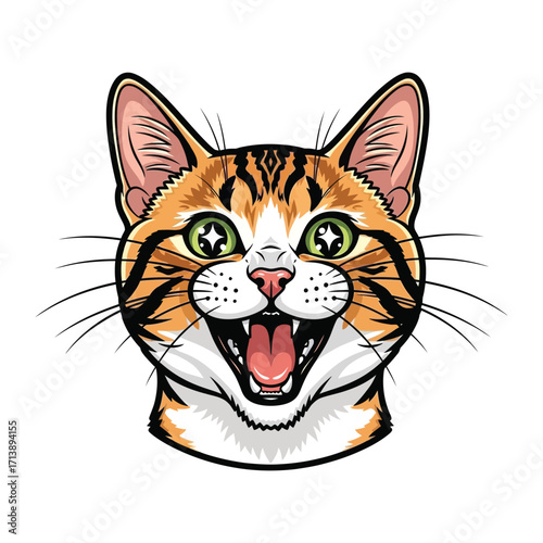A Whimsical Portrait of a Happy Cat: A vibrant and cheerful illustration of a cat's face, its expressive eyes and open mouth exuding joy and playful energy, ready to bring a smile to your face. 
