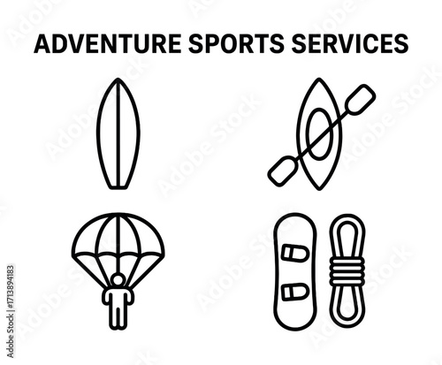 Adventure sports services icons featuring surfboard, kayak, parachuting, and snowboard with rope