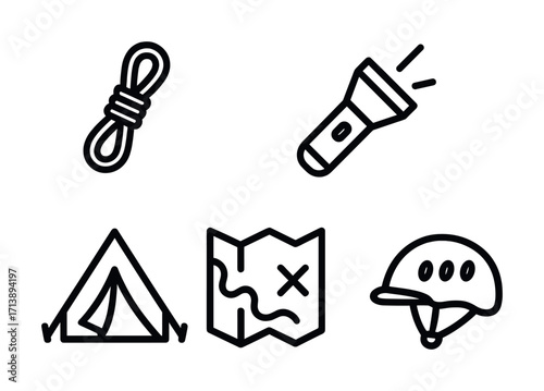 Outdoor adventure essentials: flashlight, tent, rope, map, and helmet icons