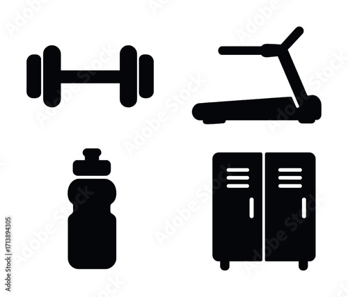 Gym equipment icons: dumbbell, treadmill, water bottle, locker