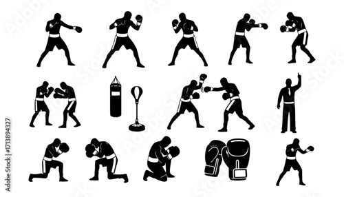 Vector art of collection of boxing silhouette icons, , depicting various fighting stances, training, and referee