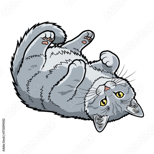Playful Gray Cat: a delightful cartoon illustration of a playful gray cat on its back with its gaze captivating the viewer.