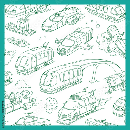 Futuristic transportation vehicles and modes of travel in a seamless pattern.
