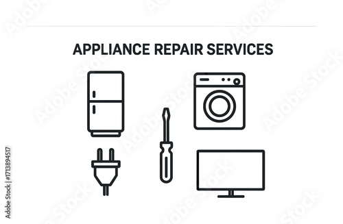 Home appliance repair services icons: fridge, washer, plug, screwdriver, tv