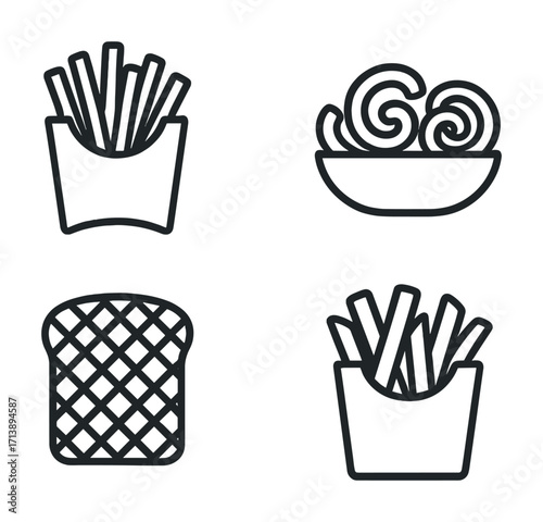 Illustrated icons of french fries, curly fries, waffle fries, and standard fries