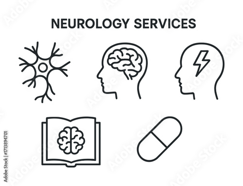 Neurology services icons: brain, neuron, book, pill, headache symbols