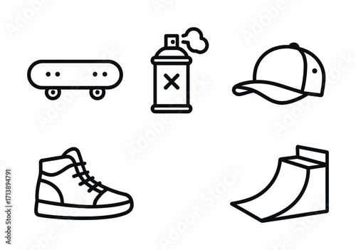Minimalist skateboard icon set: skateboard, spray can, cap, shoe, ramp