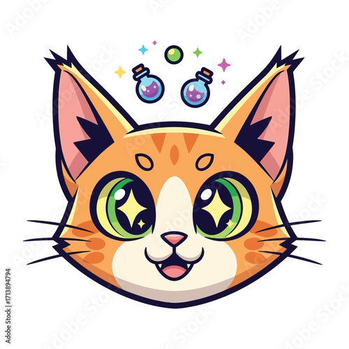 Mystical Feline's Whimsical Charm: An enchanting cartoon cat, with captivating emerald eyes, radiates a sense of wonder, floating alongside magic potions.
