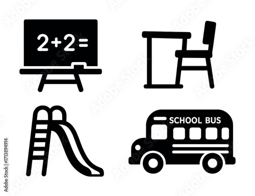 Simple education icons: blackboard, desk, slide, school bus