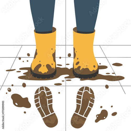 Muddy boots on tiled floor flat vector illustration isolated