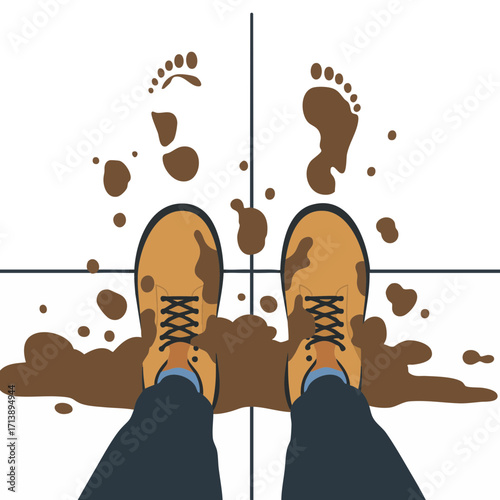 Muddy boots on tiled floor flat vector illustration isolated