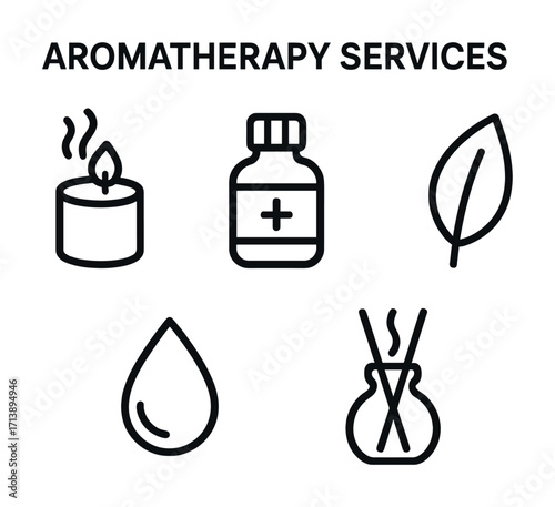 Aromatherapy services icons - candle, oil bottle, leaf, water drop, diffuser