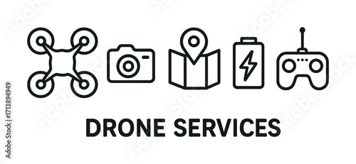 Drone services icon set featuring drone, camera, map, battery, controller
