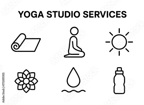 Yoga studio services icons: mat, pose, sun, flower, water, bottle