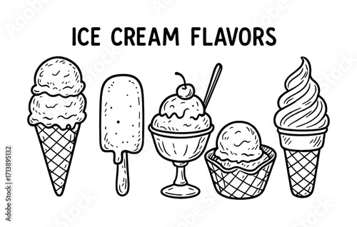 Hand-drawn ice cream flavors: cones, popsicle, sundae, scoop, soft serve