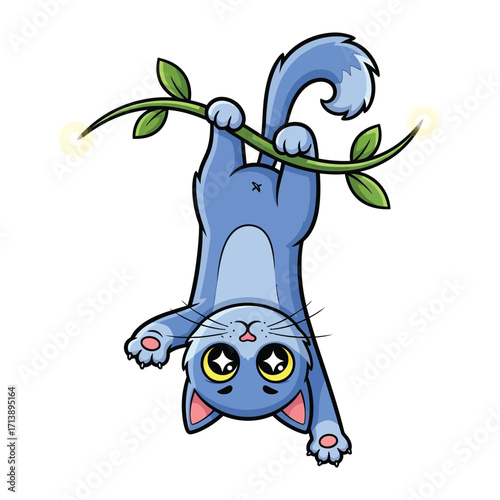 Playful Cat's Acrobatic Act: A charming illustration depicts a lively, light blue cat hanging upside down from a leafy branch, its bright eyes wide with wonder.