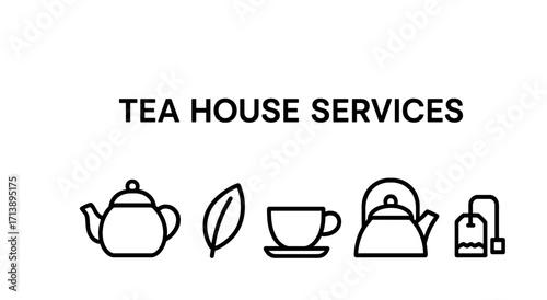 Tea house services icon set: teapot, leaf, cup, kettle, tea bag illustrations