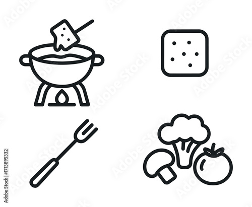 Fondue cooking set with cheese fork broccoli and crackers outline icons