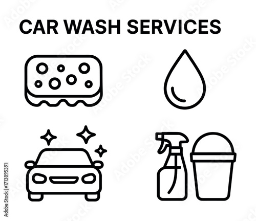 Essential car wash services icons: sponge, water drop, shiny vehicle, cleaning supplies