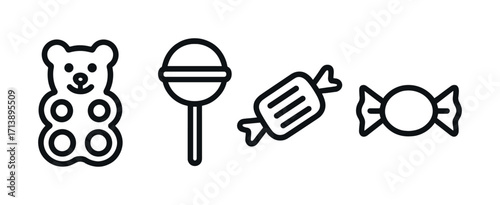Outline icons of gummy bear, lollipop, stripe candy, wrapped sweet