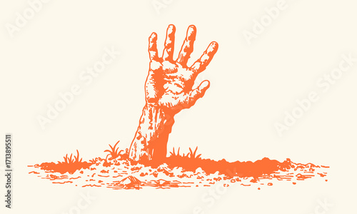 Zombie hand rising from the grave. Sketch pencil drawing Halloween horror illustration in orange color for spooky party posters.