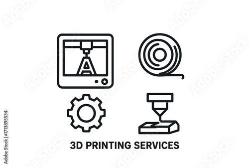 3d printing services icon set with printer, spool, gear, nozzle