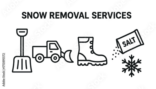 Snow removal services: shovel, truck, boot, salt, snowflake icons for winter