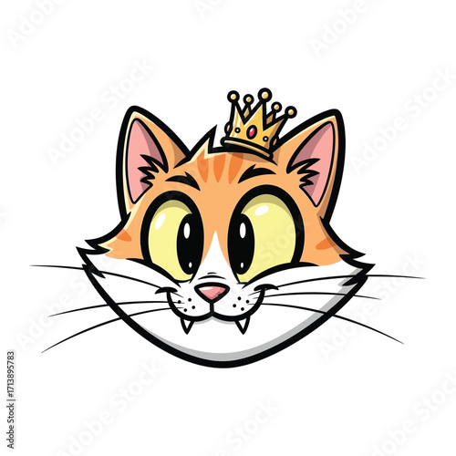 Royal Feline's Charm: A cartoon depiction of a regal cat donning a majestic crown, embodying a playful and fanciful charm.