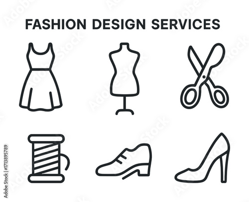 Fashion design services icons: dress, mannequin, scissors, thread, shoe, heel