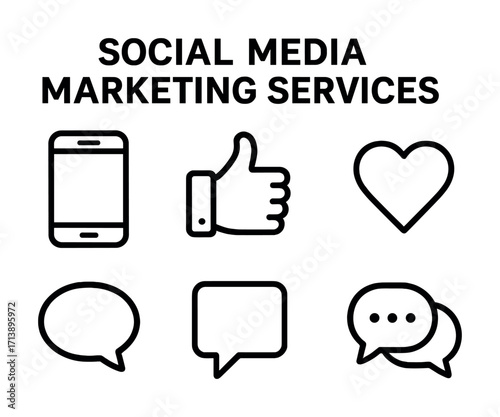 Social media marketing services icons: smartphone, like, heart, speech bubbles