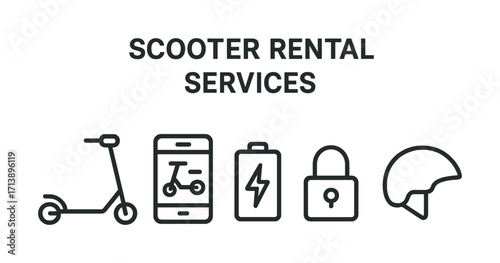 Scooter rental services icons: scooter, app, battery, lock, helmet
