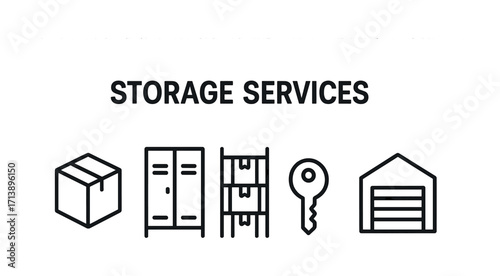 Storage services icons: box, locker, shelf, key, garage