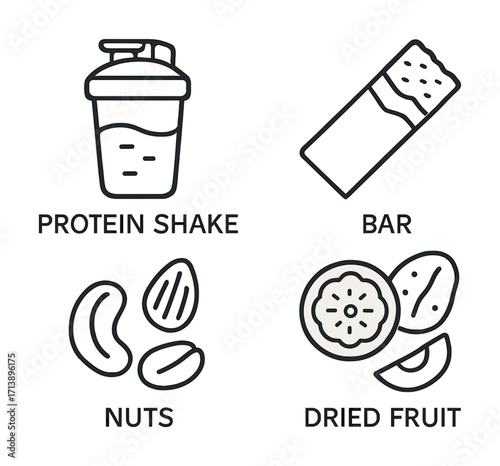 Healthy snack icons: protein shake, energy bar, nuts, dried fruit
