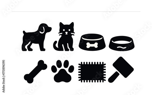Black silhouette icons of pets and accessories: dog, cat, bowls, bone, paw, brush, blanket