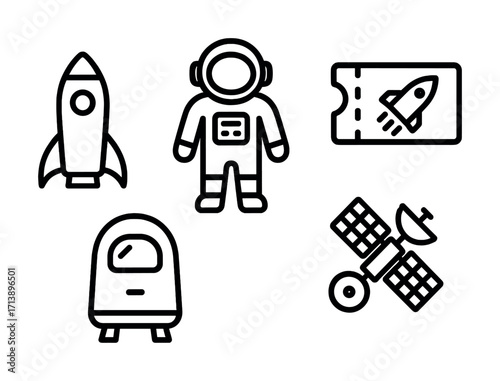 Space exploration icons: rocket, astronaut, spaceship ticket, satellite, space capsule