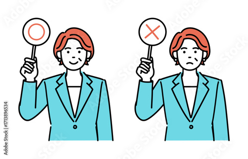 Simple illustration set of an adult businesswoman holding up a correct or incorrect tag