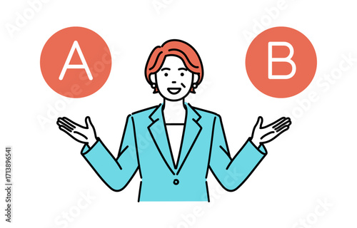 Simple illustration of an adult businesswoman listing and explaining her options.