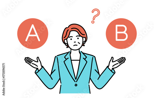 Simple illustration of an adult businesswoman listing and considering her options.