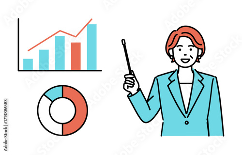 Simple illustration of an adult businesswoman explaining using a graph.