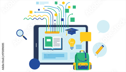 Digital learning concept, online education tools, e-learning technology, modern classroom, virtual study, mobile knowledge access, creative educational illustration, data connectivity