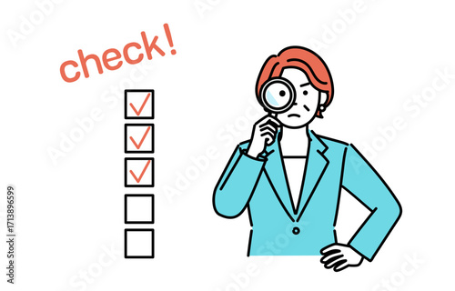 Simple illustration of an adult businesswoman looking through a magnifying glass with a stern expression