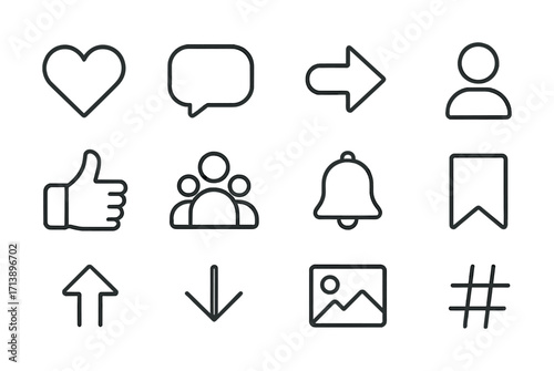 Set of vector icons: heart, speech bubble, arrow, user, thumbs up, group, bell, bookmark, upload, download, image, hashtag