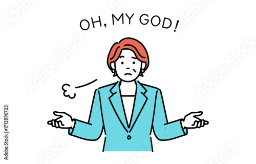 Simple illustration of an adult businesswoman shrugging her shoulders with her arms outstretched.