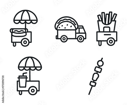 Outline icons of food carts and trucks: hot dogs, tacos, fries, drinks, skewers