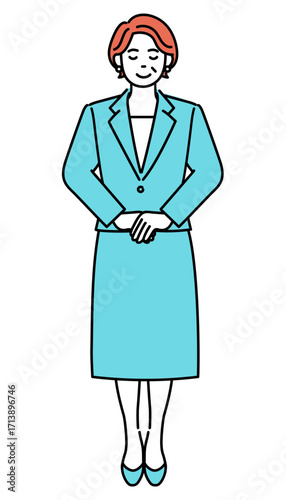 Simple illustration of an adult businesswoman standing with a smile and downcast eyes.